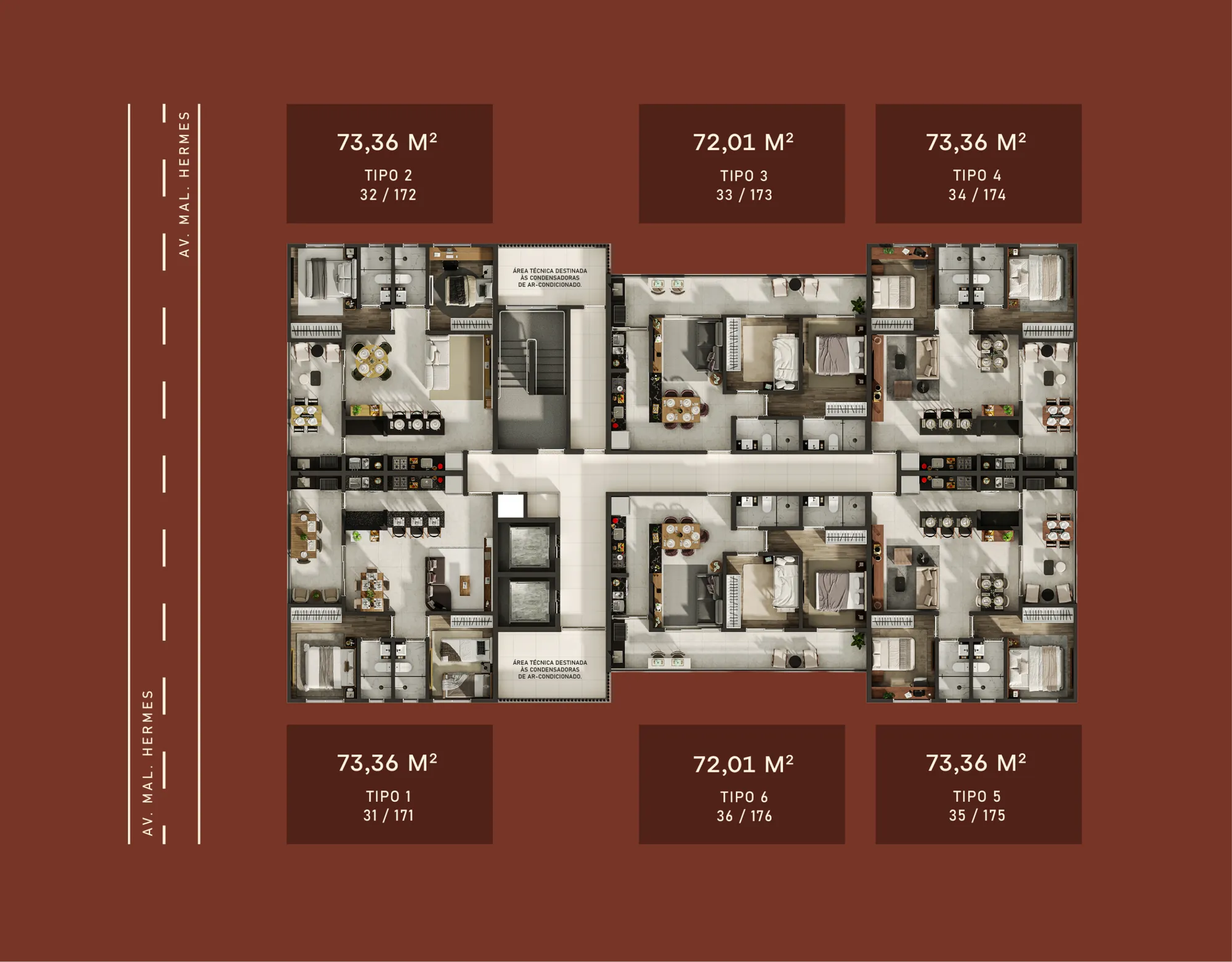 Planta Finais 1, 2, 4 e 5 - 2 dorms com suíte · 73,36 m²